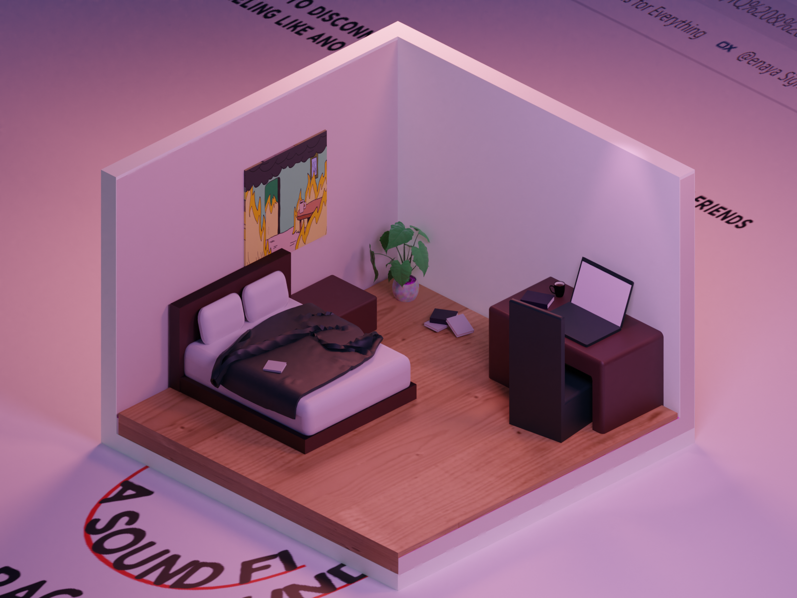 a 3d model of a work from home bedroom